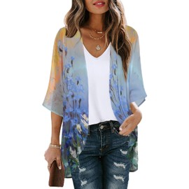 Womens Casual Tops Bathing Suit Cover Up Summer Kimono Cardigan Hawaiian Shirts (Sunset and Flowers, M)