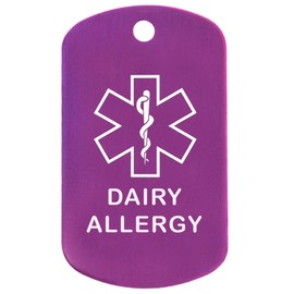 Dairy Allergy Medical Alert ID Necklace with Purple Tag, Black Silencer, and 30'' USA Chain - 154 Color Choices