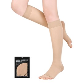 Evolyline Compression Stockings Women Men 18-22 mmHg Class 1, Calf Support Stockings, Compression Socks, Thrombosis Stockings, Graduated Support, Edema, Open Toe Beige, M