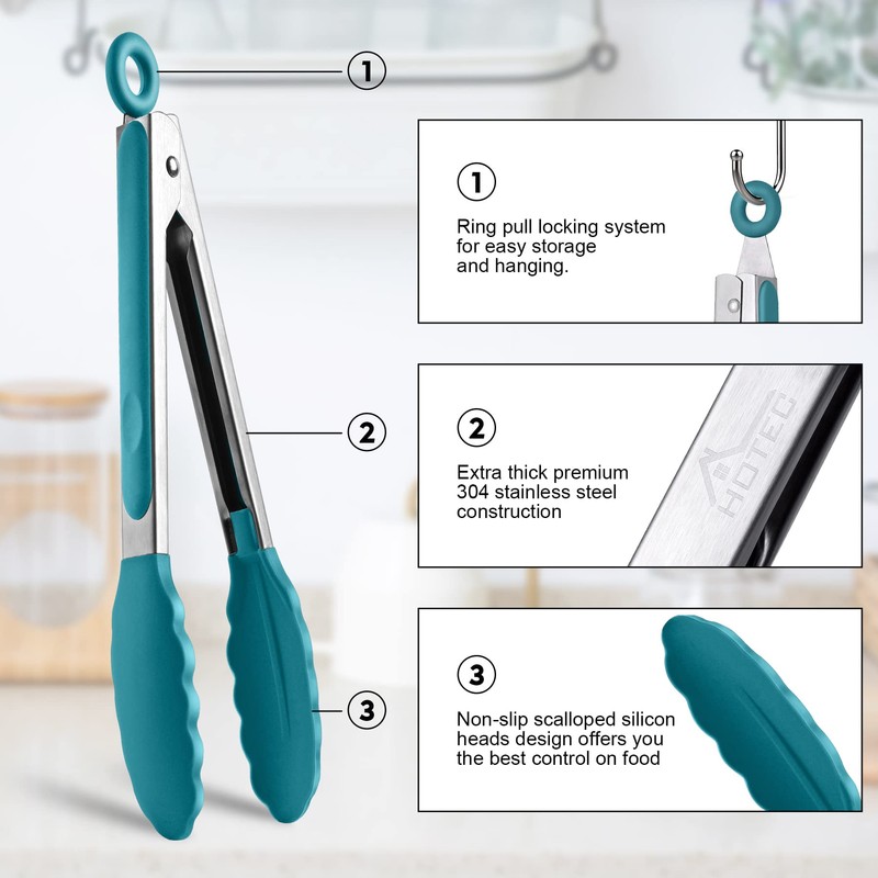 HOTEC Premium Stainless Steel Locking Kitchen Tongs with Silicon Tips,