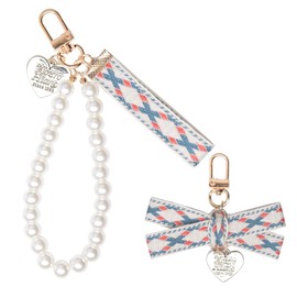 Pearl Bow Keyring Bracelet Wristlet Keychain for Women Girls Pearl Bow Tie Key Ring Wristlet Lanyard Keychain Bow Love Heart Keyring for Key Bag Charms for Car Key Bracelet Keychain Handbag Charm 2Pcs