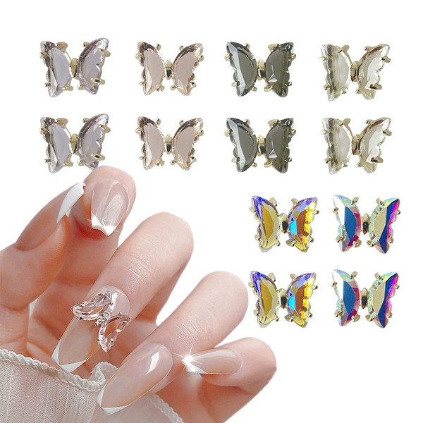 Loospuce Rhinestones for Nails, 12 Pcs 3D Butterfly Nail Charms