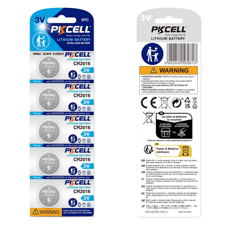 PKCELL 5 Pack CR2016 Battery CR 2016 3V Lithium Battery
