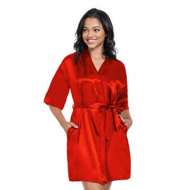 Polar Rabbit Women Short Satin Robes Lightweight Silky Sleepwear V-Neck Wedding Bridal Party Bride Bridesmaid Robes,Red Small Size