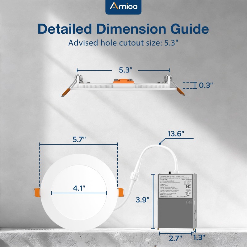 Amico 4 Pack 5 Inch 5CCT Ultra-Thin LED Canless Recessed