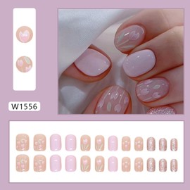 Vopintpy Purple Tulip Press on Nails Short Square Fake Nails Flower Glitter Acrylic Nails with Design Glossy Full Cover Glue on Nails Reusable Stick on Nails for Women DIY Charm Manicure