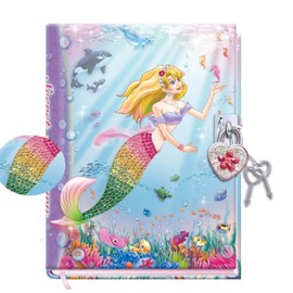 DUDUBUY Mermaid Secret Diary with Lock 7" Journal Notebook with 300 Sided Lined and blank Pages With Gem Studded Heart Shaped Padlock and Two Keys for Girls and Kids Ages 5-12
