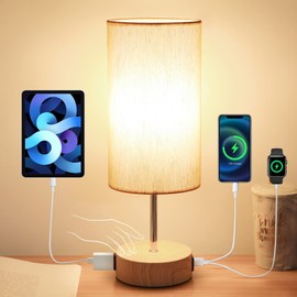 Yarra-Decor Yarra-Decor Bedside Lamp with USB A+C Charging Ports & AC Outlet Touch Control Table Lamp for Bedroom 3 Way Dimmable Nightstand Lamp with Fabric Shade for Home Office, Dorm(Bulb Included)