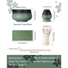 ZENS Matcha Tea Set with Bamboo Whisk, 5pc Matcha Tea Ceremony Kit Includes Ceramic Bowl & (Chasen Holder), Whisk, Scoop, Soft Towel for Matcha Latte, Making Usucha, Sage Green