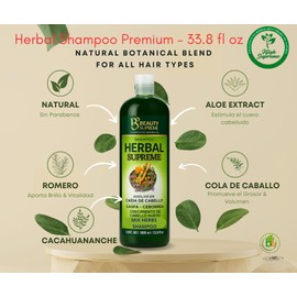 Herbal Shampoo–1000 ml (33.8 fl oz)–W/Tepezcohuite, Nettle, Aloe Vera(Sabila)Neem,Cacahuananche,Rosemary, Jojoba,Horsetail(Cola de Caballo) & more,Natural Botanical Formula–All Hair Types–Paraben-Free