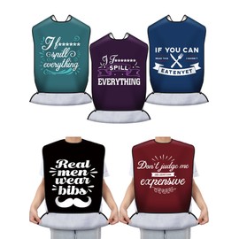 Janmercy 5 Pcs Funny Adult Bibs Washable Dining Clothing Protector Elderly Eating with Crumb Catcher Gift (Black, Wine Red, Navy Blue, Purple, Teal)