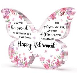 Retirement Gift for Woman 2025, Happy Retirement Gifts Ideas - Pink Butterfly Acrylic Plaque 5x3.8 IN - Retired Gifts for Coworkers Colleague Boss Friend Nurse Doctor