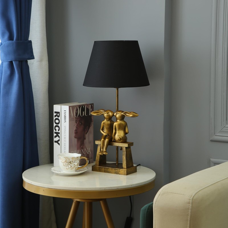 LAZHUG Kissing Bunny Lamp, H16in Gold Resin Rabbit Table Lamp,
