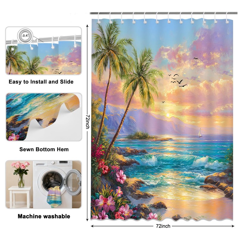Mocsicka Beach Coastal Seaside Shower Curtain (Multicolor, 71x71 Inch)