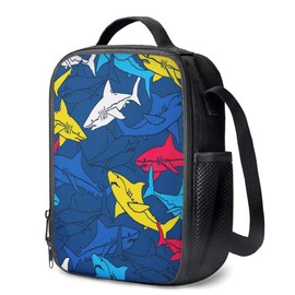 VunKo - Bolsa de almuerzo aislada para la escuela, trabajo, oficina, pícnic, animales abstractos, tiburones, caja de almuerzo para adultos y niños, bolsa compacta reutilizable con correa para el