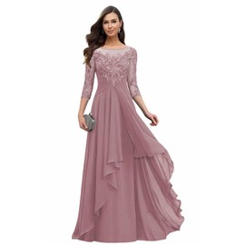 Loyeloy Dusty Mauve Long Lace Applique Mother of The Bride Dresses with Sleeves Petite Jewel Jewel Chiffon Aline Formal Evening Gowns Plus Size 16
