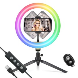 PHOCAR Aro de Luz con Tripie para Celular, 37 Modos Colores RGB, Aro de Luz para Celular, Regulable para Selfie, Transmisión en Vivo y Youtube o TikTok Video, Maquillaje, Selfie, Fotografia