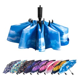 LANBRELLA - Paraguas plegables invertidos compactos, apertura automática, cierre automático, T2.14, nubes de cielo azul