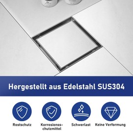 Bernkot Shower Drain Square 10 x 10 cm, 360° Siphon with Odour Stop and Hair Strainer 2-in-1 Tilable Stainless Steel Drain Channel Floor Drain Shower Drain Very Flat DN50 DN40