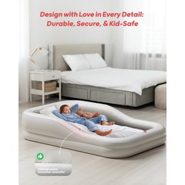QPAU Inflatable Toddler Travel Bed with 3-Sided Safety Bumpers, Extra Large Kids Air Mattress, Includes Detachable Mattress, Portable for Camping, Travel, Home Use (Grey)