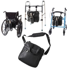 Rollatote Go-Getter Water-Resistant PU Easy Hook On & Off Messenger Bag for Walkers, Rollators, Wheelchairs, Scooters, Leather-Like, Soft-Lined Glasses Pocket, Padded Interior, Shoulder Strap (Black)