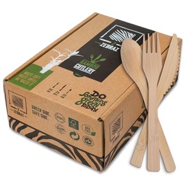 2ZEBRAZ Bamboo Cutlery Set – 100 Disposable Utensils (50 Forks, 25 Knives, 25 Spoons) | Reusable Smooth Flatware, Heavy-Duty Natural Tableware for Parties, Catering & Dining