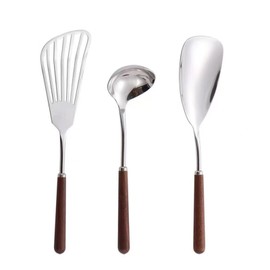 3-Piece Kitchen Utensils Set 18/10 Stainless Steel Cooking Utensils Walnut Wooden Handle Small Kitchen Utensils Gadgets Wok Spatula and Ladle Slotted Turner Spoon Wok Utensils Set
