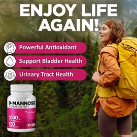 D-Mannose Capsules 1000mg (2 capsules), Cranberry Pills for UTI Support, Bladder Health, UTI, Urinary Tract Support for Women & Men, with Sorrel & Dandelion, 120 Capsules, Non-GMO, Made in Canada.