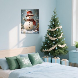 Vintage Snowman Christmas Canvas Wall Art - Framed Winter Scene Farmhouse Prints for Home Decor, Living Room, Holiday Snow Painting Artwork 12x16 Inch