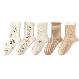 ZHEJIA Women's Cotton Socks, Set of 5, Colorful Socks, Casual Socks, Spring, Summer, Autumn, Winter, Fashionable, Cute, Breathable, Stretchy, JK, Ruffle, Casual Socks
