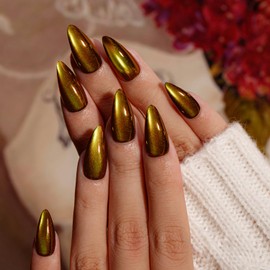 KQueenest Gold Cat Eye Press on Nails Almond Medium, Bling Black False Nails with Glue, Glazed Sparkly Glass Fake Nails Press ons, Reusable Soft Gel Stick on Nail for Women Gothic Decoration, 30 Pcs