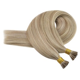 Sunny Pre Bonded I Tip Remy Human Hair Extensions Ash Blonde Highlight Golden Blonde I Tip Extensions Human Hair Stick Tip Human Hair Extensions 1g/s 50strand 50G/Pack 18inch