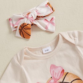Lamuusaa Newborn Baby Girl Clothes Short Sleeve Basketball Bow Print Romper Flared Pants Headband 3Pcs Summer Outfit 0-18M (Khaki, 12-18 Months)