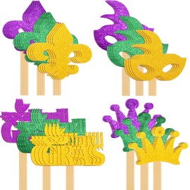 48 Pieces Glitter Mardi Gras Cupcake Toppers Masquerade Face Covering Cupcake Toppers for Masquerade Mardi Gras Party Birthday Party Decorations