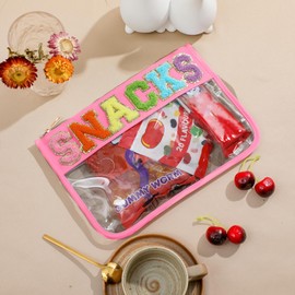 DYSHAYEN Chenille Letter Clear Zipper Pouch for Travel,Nylon Clear Cosmetic Bag,Makeup Travel Bag for Women Girls 11.8 Inches x 8.2 Inches (Pink-Snacks)