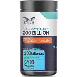 TETRA PROBIOTICS 200 BILLONES - 200 capsulas (200 BILLONES UFC por porcion), Complejo de Probioticos con Fibras Prebioticas, Enzimas Digestivas y...  