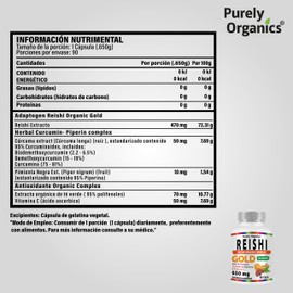 Reishi Gold, Organic Complex. Suplemento Premium con Extracto de Reishi, Cúrcuma, Té Verde y Vitamina C en 90 Cápsulas para una Nutrición Natural y Equilibrada. Purely Organics.