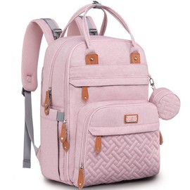 Diaper Bag Backpack, BabbleRoo Baby Nappy Changing Bags Multifunction Waterproof Travel Back Pack with Changing Pad & Stroller Straps & Pacifier Case, Unisex and Stylish (Pink)