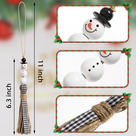 Snowman Wooden Beads Hanging Ornament Christmas Snowman Beads Garland Farmhouse Wooden Christmas Tree Ornaments with Plaid Tassel for Christmas Hanging Decorations (Black and White, 8)
