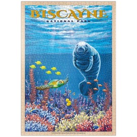 Biscayne National Park - Manatees Whispering Beneath, Vintage Travel Poster - Premium 1000 Piece Puzzle - MyPuzzle Special Collection by Havana Puzzle Company