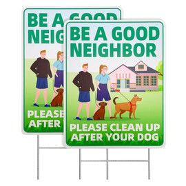 Clean Up After Your Dog Signs, 2 Pack 12"x9" with Metal H-Stakes Be a Good Neighbor No Pooping Dog Signs For Yard Double Sided Pick Up After Your Dog Signs