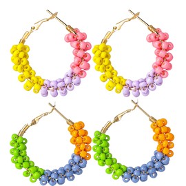 Jinxiuge 2 Pair Beaded Hoop Earrings Boho Flower Round Earrings Women's Handmade Earrings Set