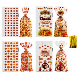Thanksgiving Treat Bags, 200PCS Thanksgiving Goodie Bags with Twist Ties, Thanksgiving Gift Bags Plastic Candy Bags Cellophane Treat Bags Party Favor Bags Cookie Bags Fall Pumpkin Maple Leaves Bulk