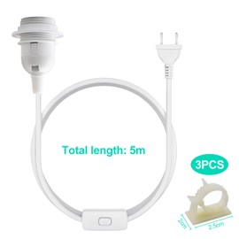 E27 Lamp Holder with Switch and Plug, White Socket E27 with 5 m Power Cable, Screw Ring, Lamp Hanging, Pendant Light for Kitchen, Living Room and Children's Room (White)