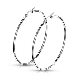 Bungsa Women's Classic Hoop Earrings 2 mm Wide Stainless Steel Available in Sizes from 10 mm - 75 mm, Stainless Steel