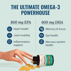OmegaWell Fish Oil: Heart, Brain, and Joint Support | 800 mg EPA 600 mg DHA - Natural Lemon Flavor, Enteric-Coated, Sustainably Sourced - Easy to Swal