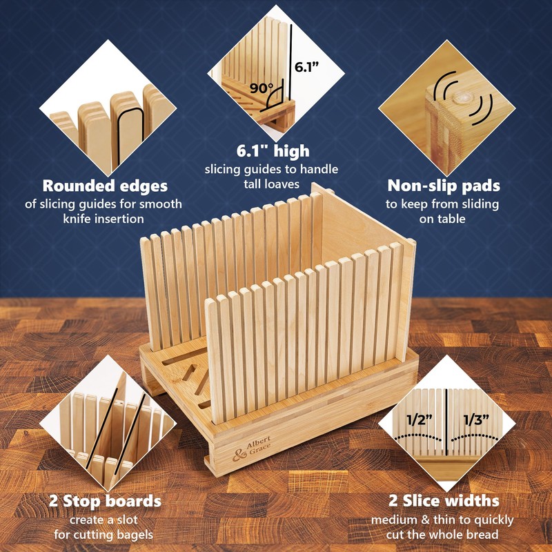 Albert&Grace Bamboo Bread Slicer for Homemade Bread – Adjustable Width