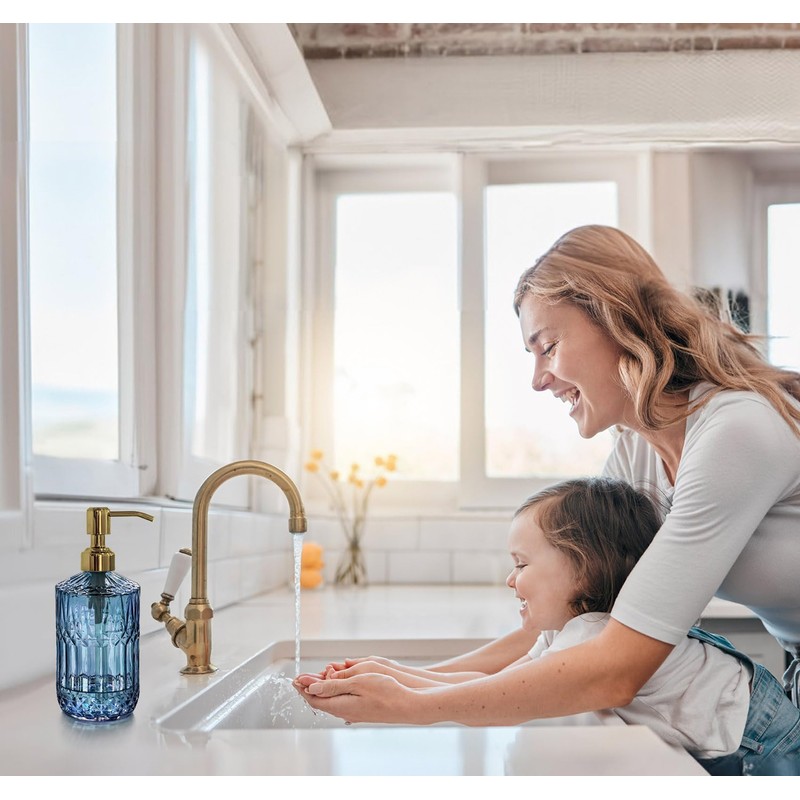 JASAI 18Oz Blue Glass Soap Dispenser with Golden Pump, Refillable