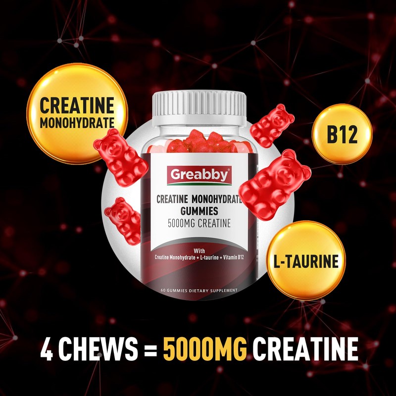 GREABBY Creatine Monohydrate Gummies - 5g Creatine Monohydrate with L-Taurine,