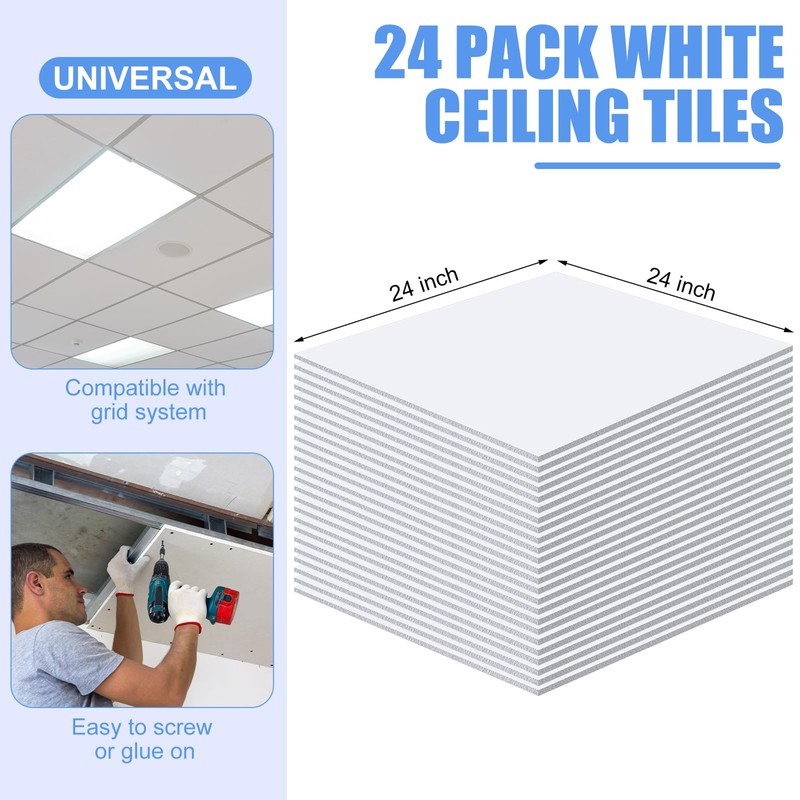 Tondiamo 24 Pcs White Drop Ceiling Tile Smooth PVC Ceiling